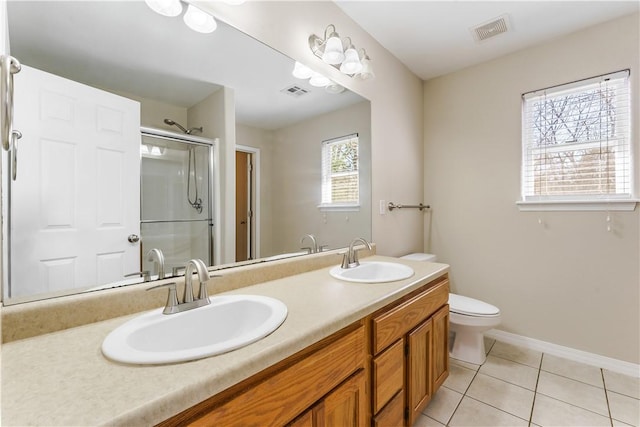 bathroom featuring tile patterned floors, visible vents, a shower stall, and a sink