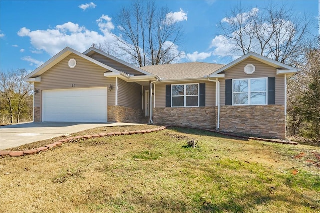 ranch-style house featuring a front yard, an attached garage, stone siding, and driveway