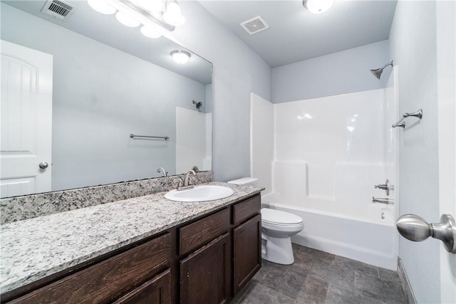 bathroom with vanity,  shower combination, toilet, and visible vents