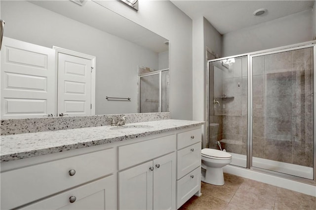 full bath featuring tile patterned flooring, a shower stall, toilet, and vanity