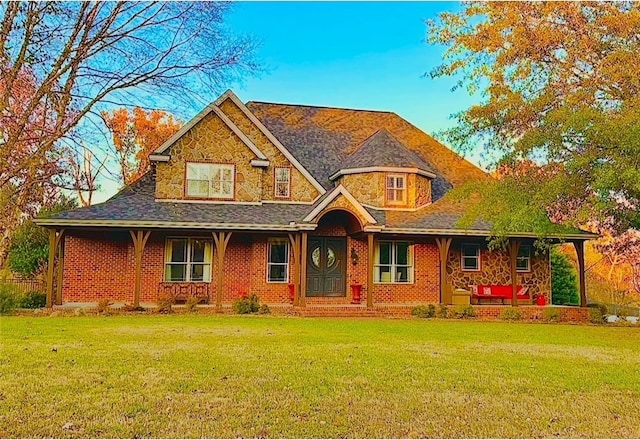 view of front of home featuring brick siding, stone siding, and a front lawn