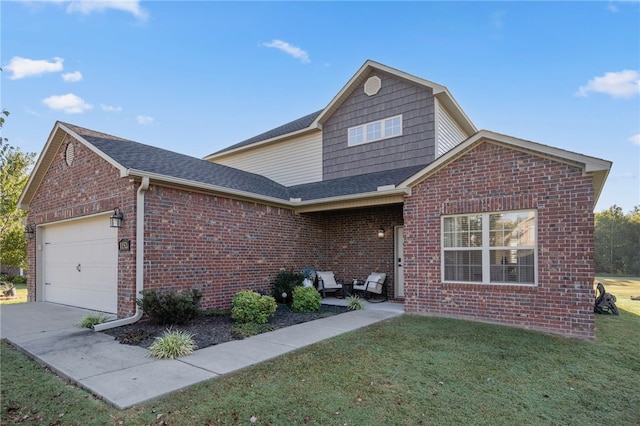 11526 Giles Rd, Farmington, AR 72730 - traditional home featuring brick siding, a garage, a front yard, roof with shingles, and concrete driveway