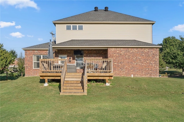 11526 Giles Rd, Farmington, AR 72730 - rear view of house with brick siding, a lawn, and a deck