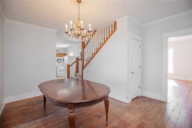 dining area with stairway, ornamental molding, baseboards, and wood-type flooring