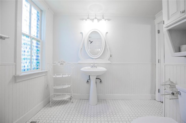 bathroom with a wainscoted wall, plenty of natural light, and toilet