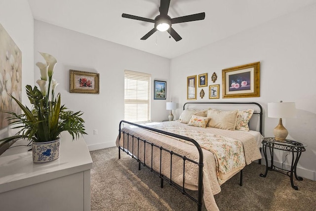 bedroom with baseboards, carpet floors, and ceiling fan