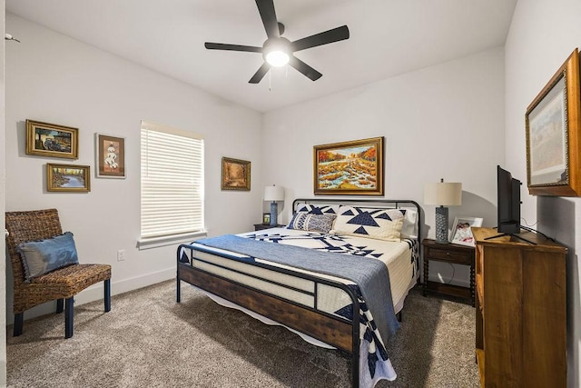 bedroom with baseboards, ceiling fan, and carpet flooring