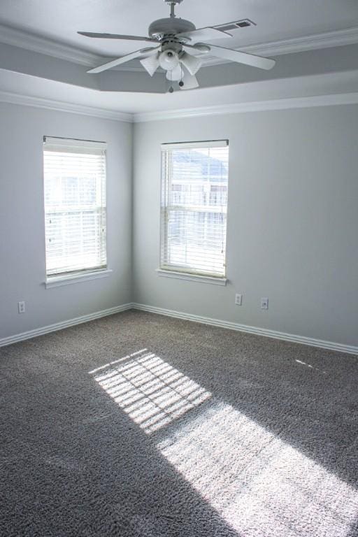 spare room with a healthy amount of sunlight, baseboards, crown molding, and carpet