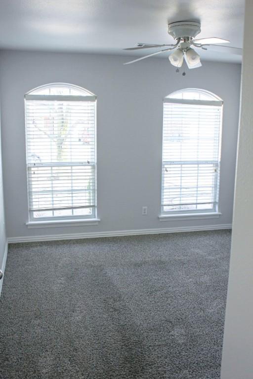 carpeted spare room with a wealth of natural light, baseboards, and a ceiling fan