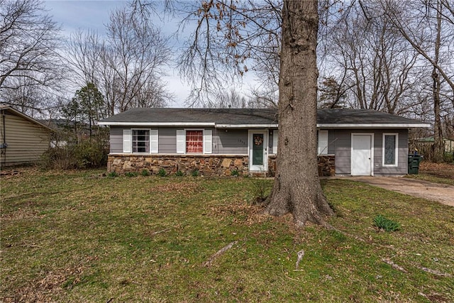 single story home with stone siding and a front lawn