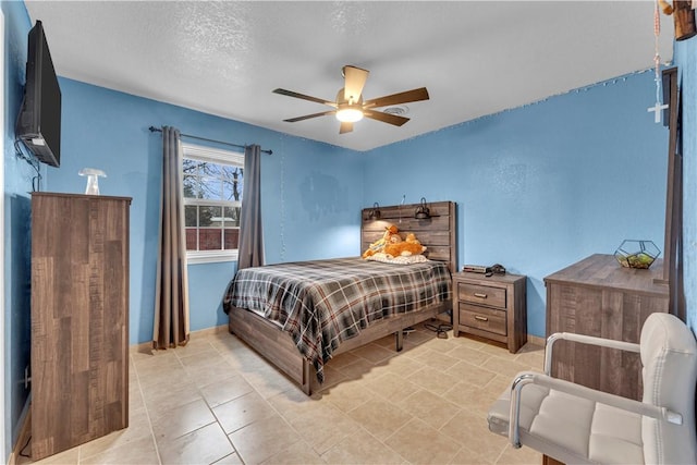 bedroom featuring a textured ceiling and ceiling fan