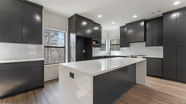 kitchen with light wood-style flooring and dark cabinetry