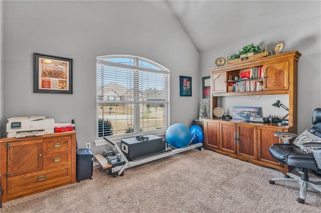 carpeted office space with vaulted ceiling