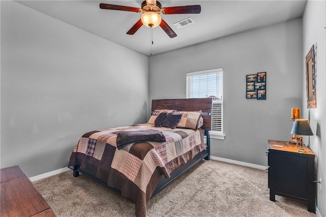 bedroom featuring visible vents, ceiling fan, baseboards, and carpet