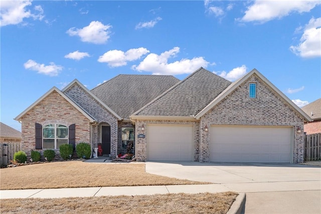 view of front of house featuring an attached garage, fence, driveway, and roof with shingles