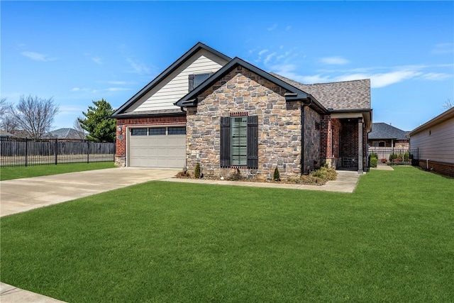 view of front facade featuring fence, concrete driveway, a front lawn, a garage, and stone siding