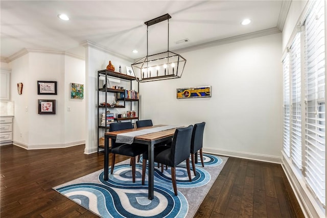 dining space with baseboards, dark wood-style flooring, and ornamental molding