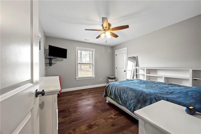 bedroom with a ceiling fan, dark wood-type flooring, visible vents, and baseboards