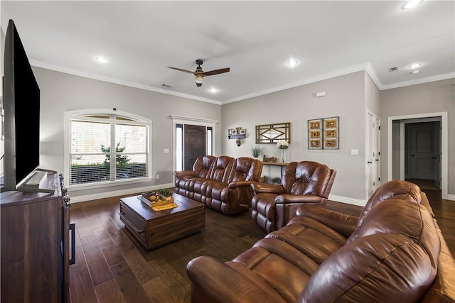 living area with dark wood-type flooring, recessed lighting, crown molding, baseboards, and ceiling fan