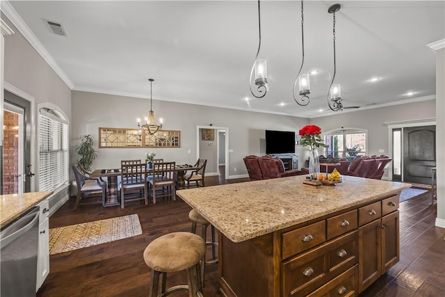 kitchen featuring dark wood-style floors, visible vents, dishwasher, and an inviting chandelier