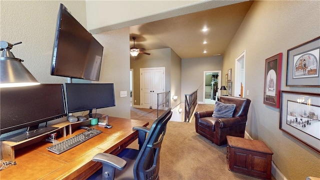 carpeted office space featuring recessed lighting and a ceiling fan