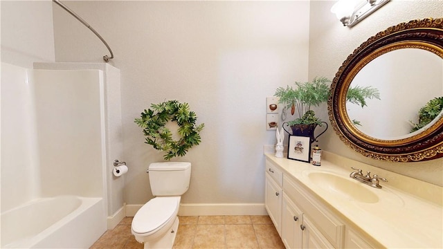 full bathroom featuring tile patterned floors, toilet, vanity, baseboards, and shower / bathtub combination