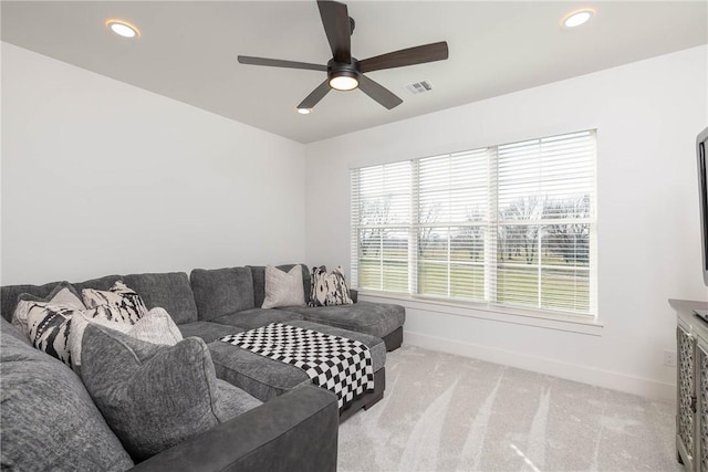 living room with visible vents, baseboards, carpet flooring, recessed lighting, and a ceiling fan