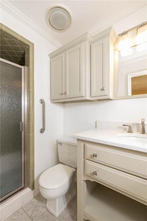 bathroom with visible vents, toilet, a stall shower, crown molding, and vanity