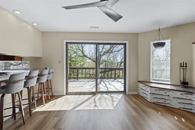 interior space with a wealth of natural light, ceiling fan, and wood finished floors