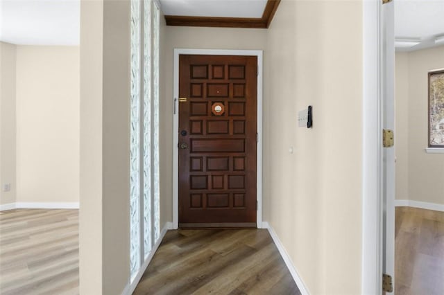 foyer entrance featuring baseboards and wood finished floors