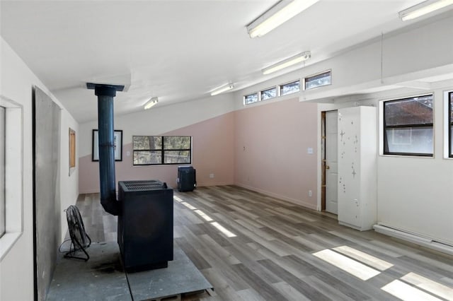 living area with a wood stove and wood finished floors