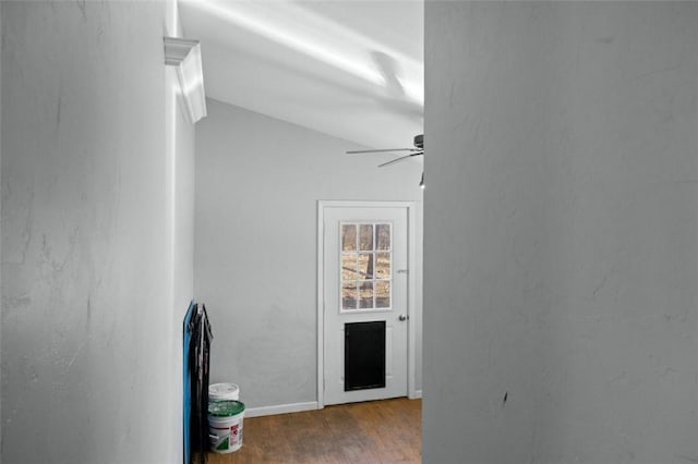 interior space featuring ceiling fan and wood finished floors