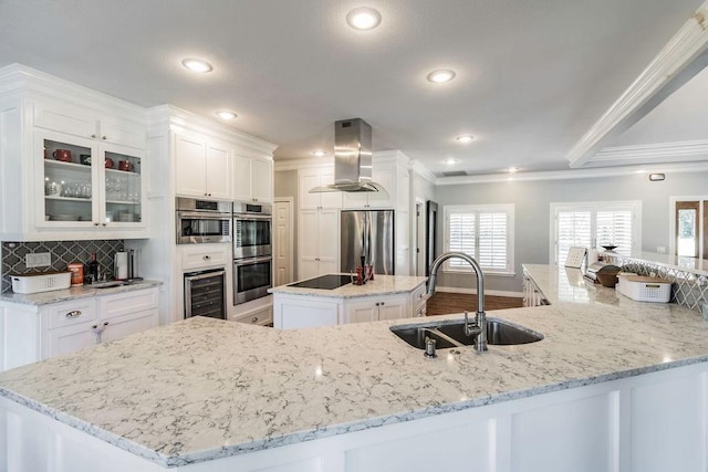 kitchen featuring a spacious island, ventilation hood, ornamental molding, stainless steel appliances, and a sink