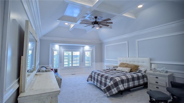 bedroom featuring vaulted ceiling with beams, ornamental molding, carpet floors, a decorative wall, and coffered ceiling