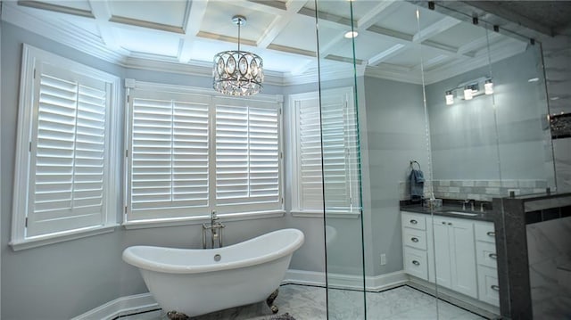 19 Razorback Rd, Rogers, AR 72758 - bathroom featuring marble finish floor, coffered ceiling, baseboards, a chandelier, and a soaking tub