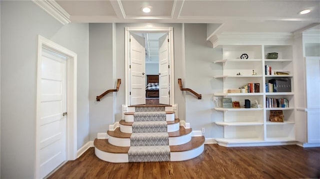 stairway with recessed lighting, baseboards, and wood finished floors