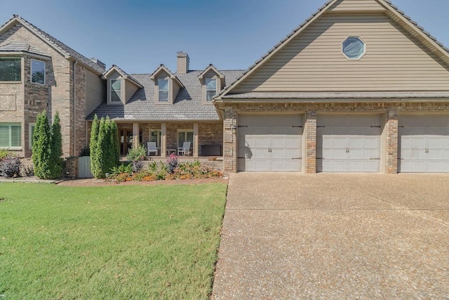 view of front facade featuring a front yard, a chimney, and driveway