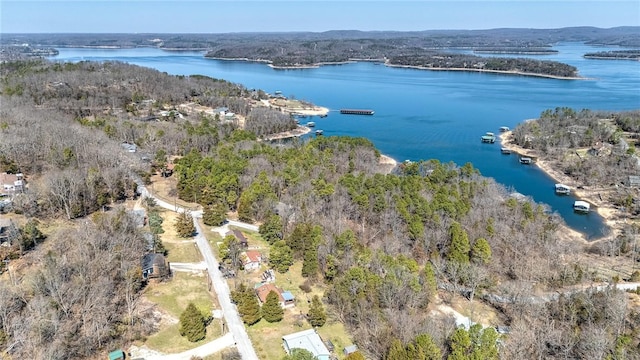 aerial view featuring a forest view and a water view