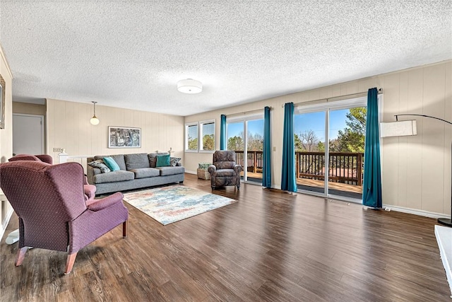 living area featuring wood finished floors and a textured ceiling