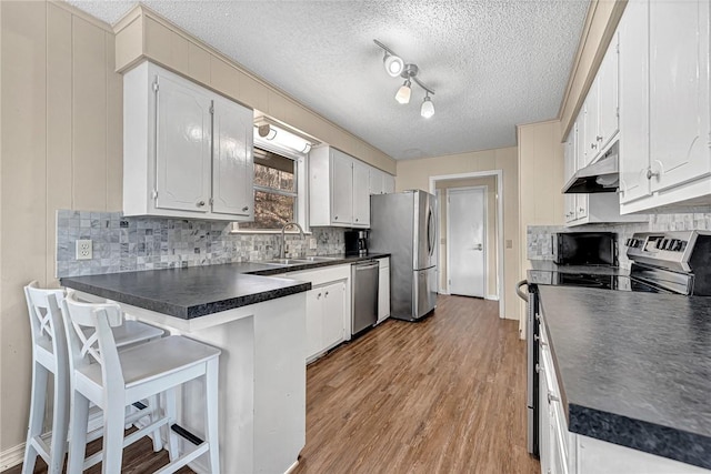 kitchen with dark countertops, under cabinet range hood, appliances with stainless steel finishes, a peninsula, and a sink