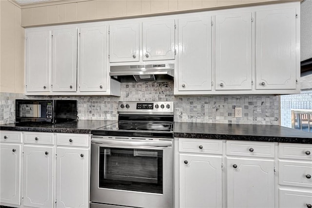 kitchen featuring under cabinet range hood, white cabinetry, stainless steel electric range oven, and dark countertops