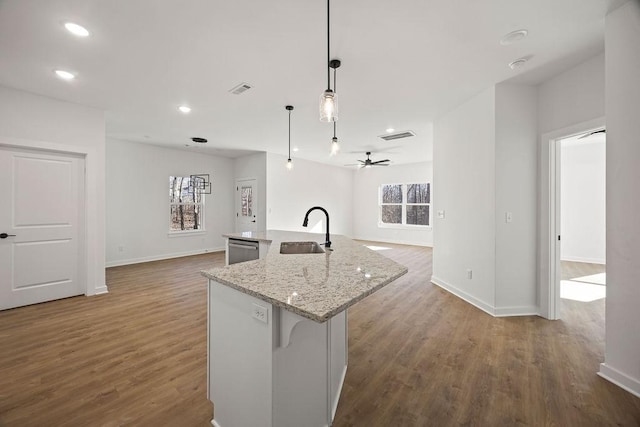 kitchen with a center island with sink, a sink, stainless steel dishwasher, wood finished floors, and open floor plan