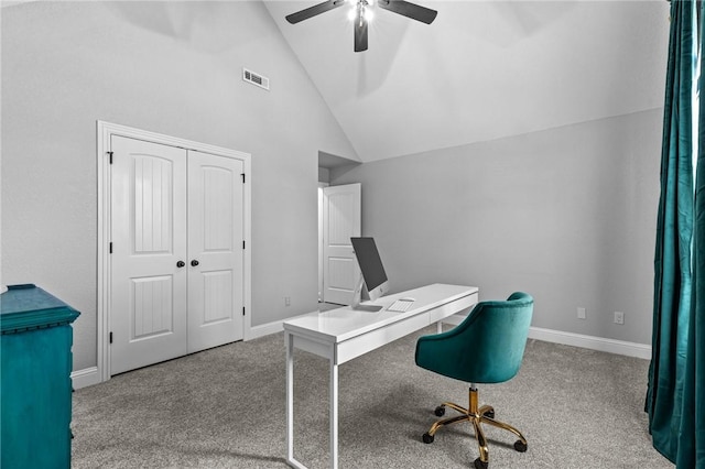 carpeted office space with visible vents, baseboards, a ceiling fan, and high vaulted ceiling