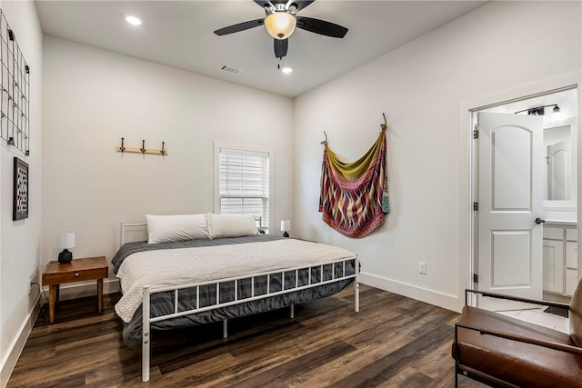 bedroom with recessed lighting, visible vents, baseboards, and dark wood finished floors