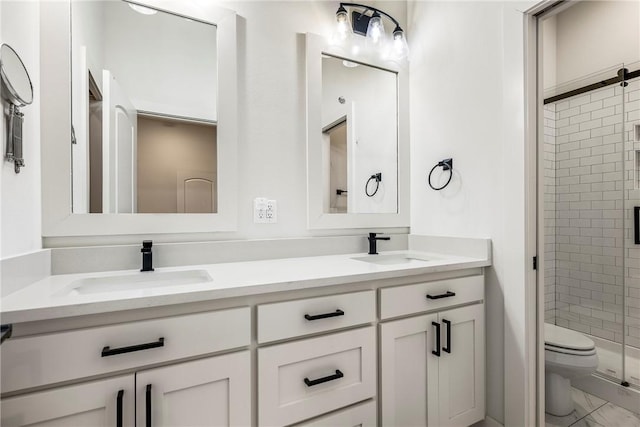 bathroom featuring a shower stall, toilet, double vanity, and a sink