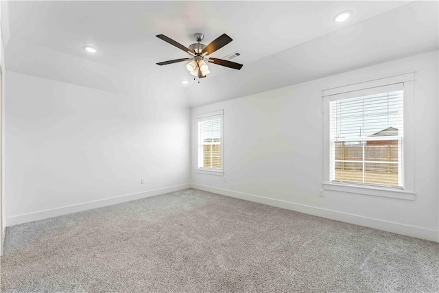 spare room with recessed lighting, visible vents, baseboards, and light carpet