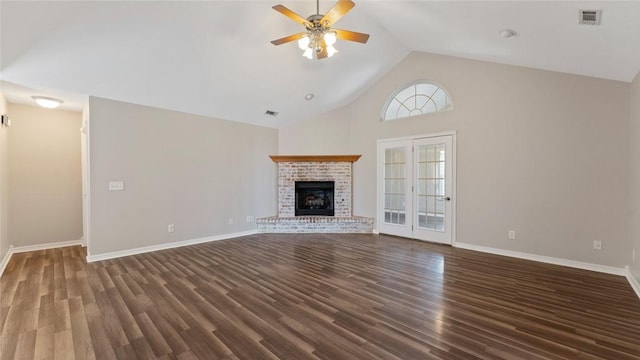 unfurnished living room featuring baseboards, high vaulted ceiling, ceiling fan, and wood finished floors