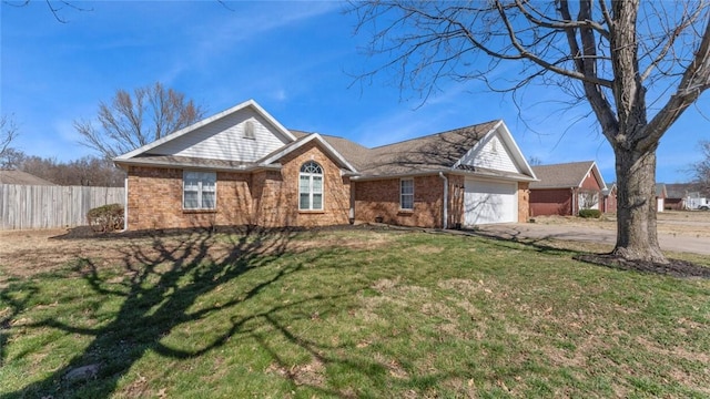 single story home featuring a front lawn, brick siding, an attached garage, and fence