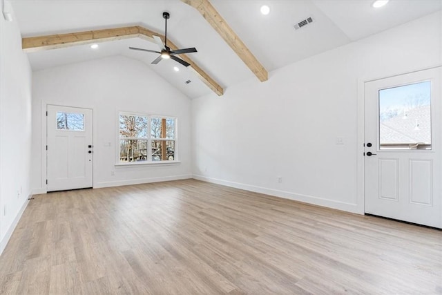 entryway featuring baseboards, beam ceiling, light wood-style floors, and a ceiling fan