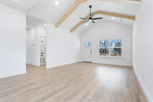 unfurnished living room featuring light wood finished floors, beam ceiling, baseboards, and ceiling fan